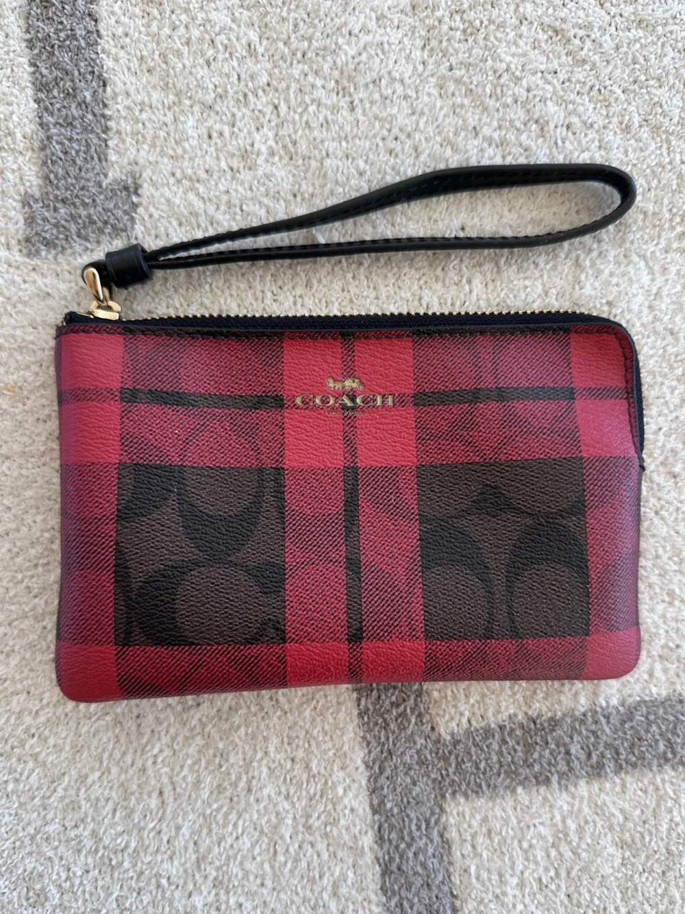 Coach Red and Black Plaid Signature Zip Wristlet